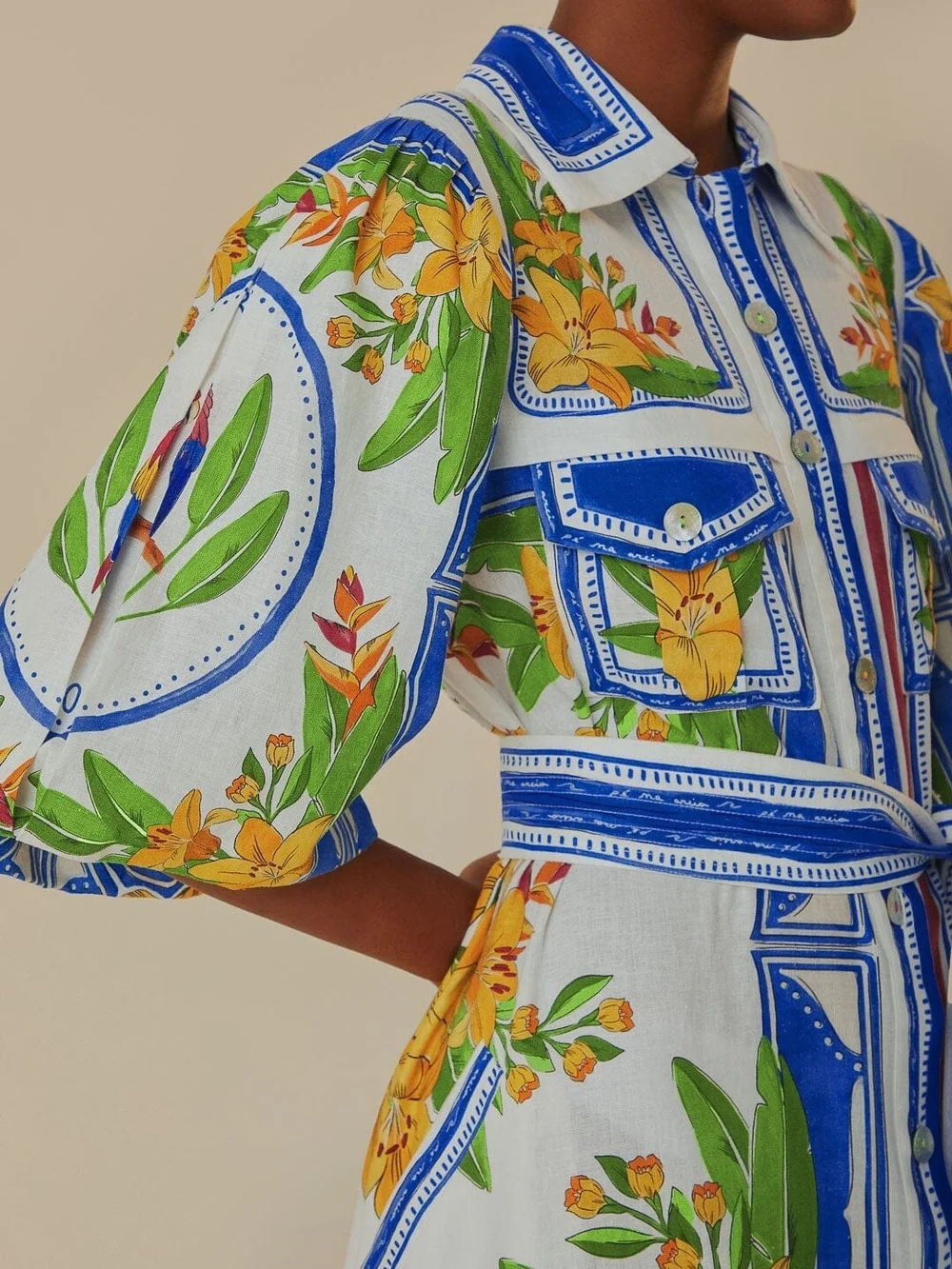 FARM Rio White Midi Shirt Dress with Blue Stripes and Yellow Floral Print - Picture 5 of 7
